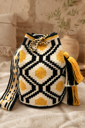 Sac nid d’abeille en crochet noir, blanc et jaune, artisanat syrien