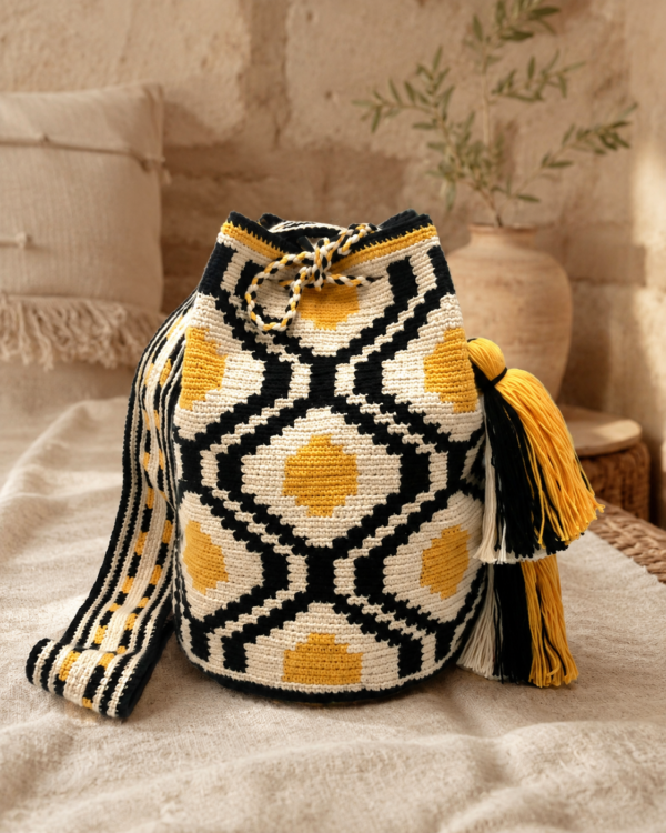 Sac nid d’abeille en crochet noir, blanc et jaune, artisanat syrien
