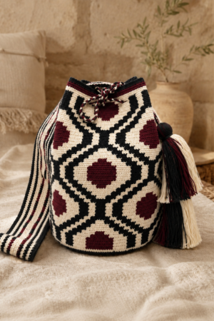 Sac nid d’abeille en crochet noir, blanc et rouge bordeaux, artisanat syrien