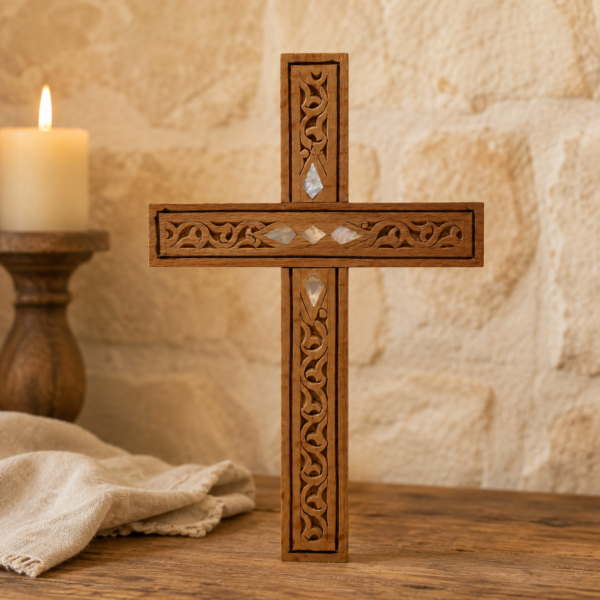 Croix de Maaloula en bois clair incrustée de nacre, artisanat syrien
